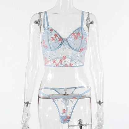 Lace Floral Embroidery See Through Bra and Panties Set for Women Underwear Sexy Lingerie Female 2 Pieces Bra Brief Sets luvshop24