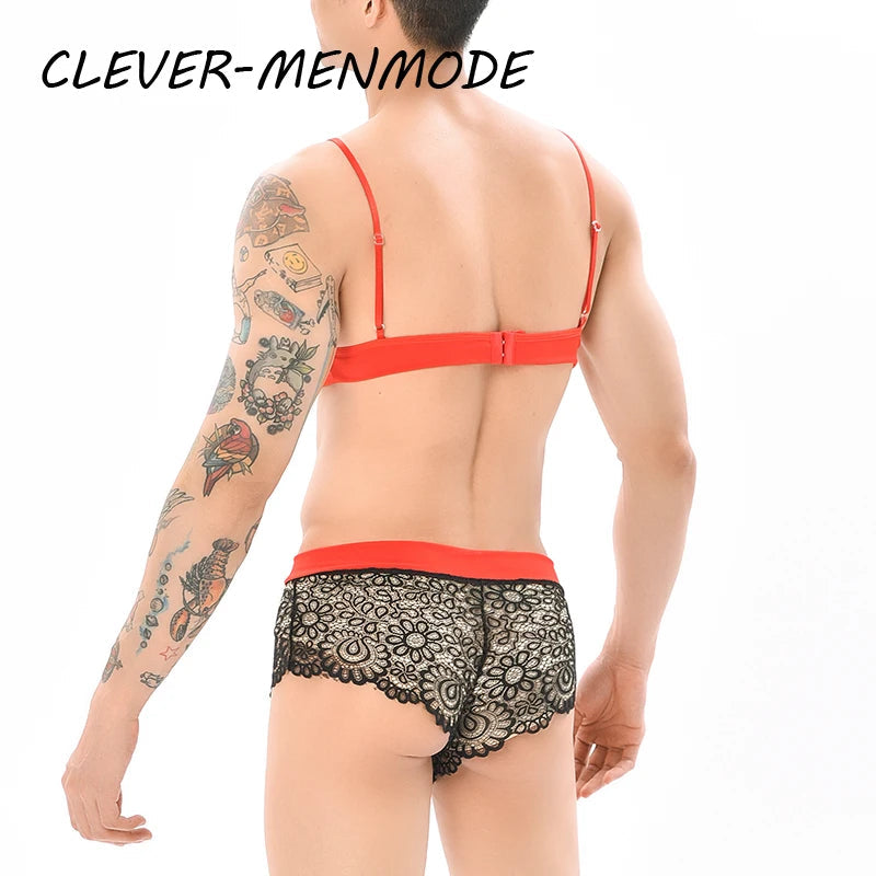Men Sexy Crossdressing Erotic Sissy Lingerie See Through Mesh Lace Gay Underwear Male Bra Top Transparent Boxers Fetish Customs luvshop24