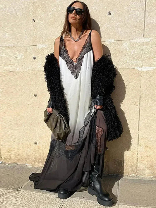 Lace Sling Long Dresses Women Sexy Sleeveless Split See Through Female Mesh Sheer Dress 2025 Summer New Lady Fashion Beach Robes luvshop24