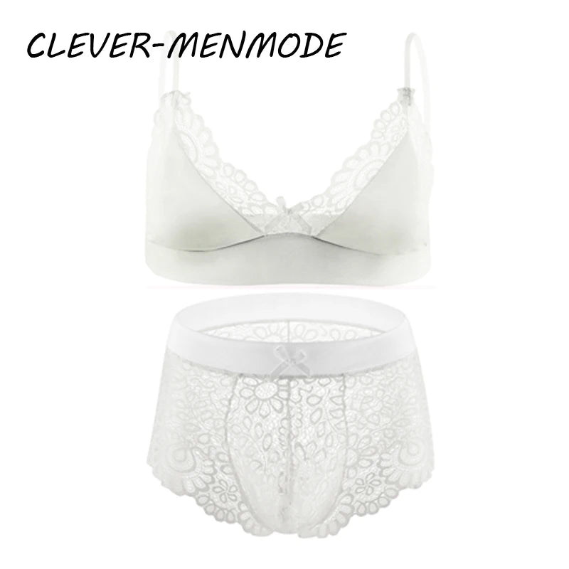 Men Sexy Crossdressing Erotic Sissy Lingerie See Through Mesh Lace Gay Underwear Male Bra Top Transparent Boxers Fetish Customs luvshop24