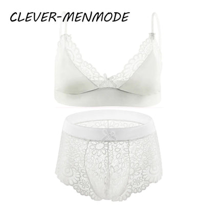 Men Sexy Crossdressing Erotic Sissy Lingerie See Through Mesh Lace Gay Underwear Male Bra Top Transparent Boxers Fetish Customs luvshop24