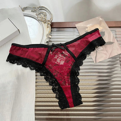 ﻿ Lace Bow Sexy Thong Transparent Women's Lingerie Low Waist Flower Embroidery Mesh Perspective Hollowed Panties Briefs luvshop24