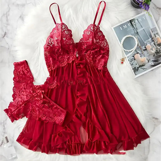 2 Pcs Set Sexy Lingerie Set Women Deep V Slip Dress Thong Erotic Bra Panty Sets Lace Nightdress Transparent Soft Nightgown luvshop24