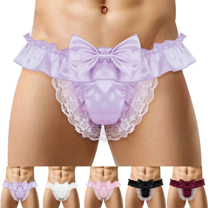 Men Sissy Bow-knot See-through Panties Satin Bikini G-String Thong Briefs Uniform Temptation Sexy Smooth Underwear Sleepwear luvshop24