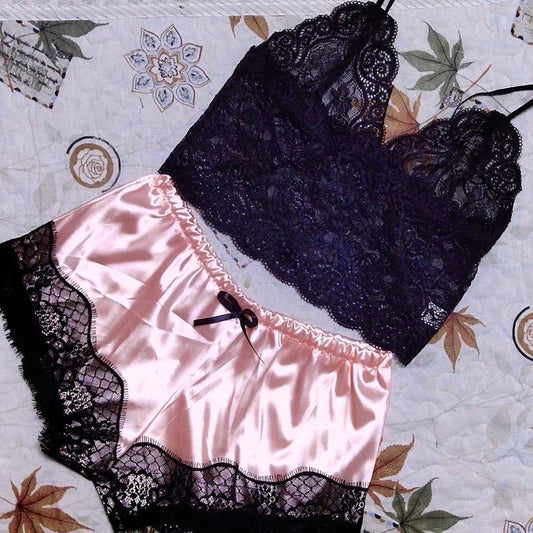 1 Pajamas Set Womens Lace Sleepwear Lingerie Crop Tops And Shorts Babydoll Pajamas Underwear Nightwear luvshop24