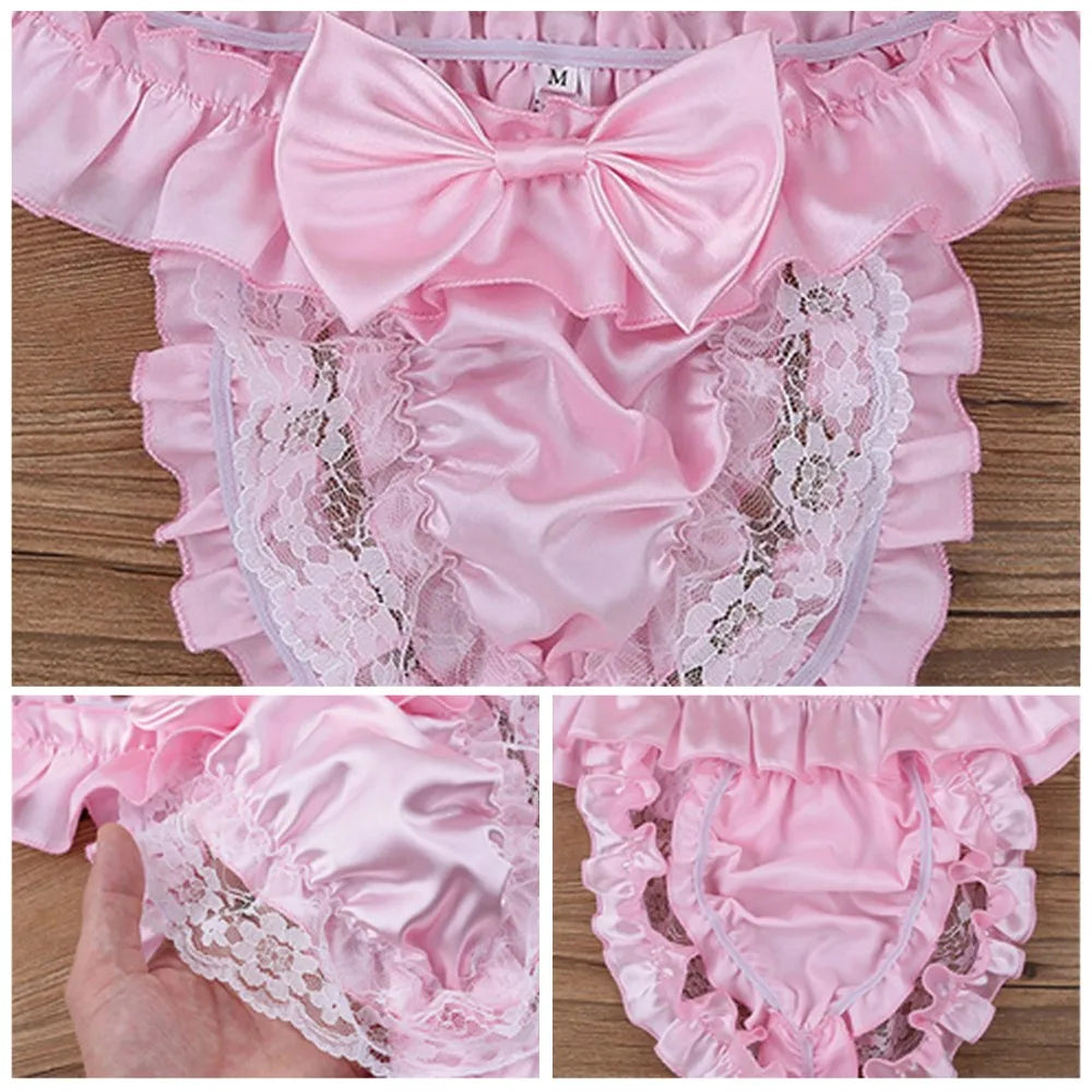Men Sissy Bow-knot See-through Panties Satin Bikini G-String Thong Briefs Uniform Temptation Sexy Smooth Underwear Sleepwear luvshop24
