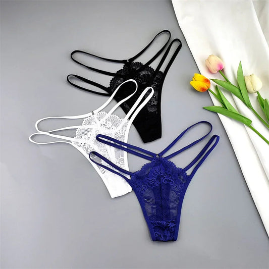 3 Pcs Lace Thin Strap Thong Women Low Waist Sexy Perspective Underwear Ladies Transparent G-string Panty Plus Size T-back luvshop24