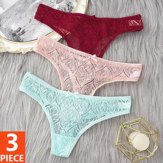 3PCS Low Waist Sexy Lace Panties Hollow Out G-Strings Female Solid Color Thongs Underwear Women Sexy Underpants Intimates luvshop24