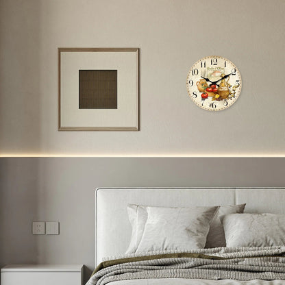 Retro Provence Olive Oil and Tomato Pattern Wooden Wall Clock Living Room Bedroom Kitchen Home Decoration Wall Clock Silent Quartz Clock Holiday Gift 10 Inches 12 Inches 14 Inches 16inch (Without Batteries) luvshop24