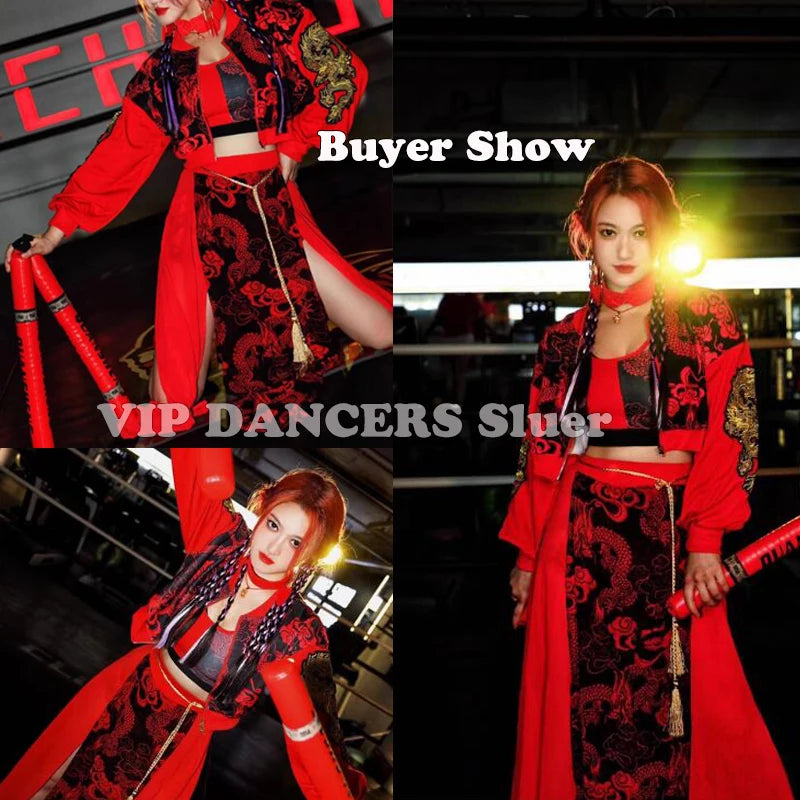 Chinese Style Women'S Jazz Performance Clothes Red Festival Outfits Hip Hop Clothes For Adults Gogo Dance Stage Costumes DQS6259 luvshop24