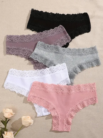 5Pcs/set Women Cotton Panties Floral Lace Intimate Underwear Trendy Patchwork Lace Briefs Female Soft Underpants Lingerie S-XL luvshop24
