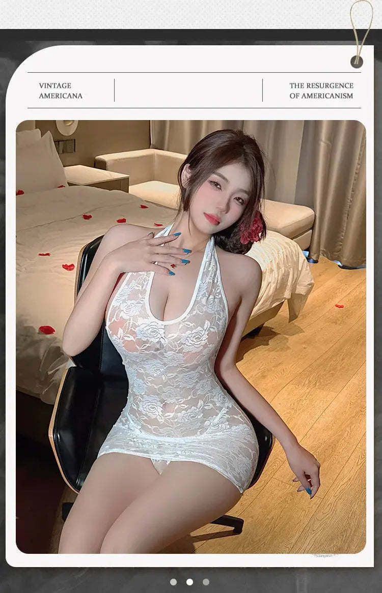 Lingerie dress Lace perspective seductive neck hanging revealing chest tight fitting hip hugging dress fetish latex sexy outfits luvshop24