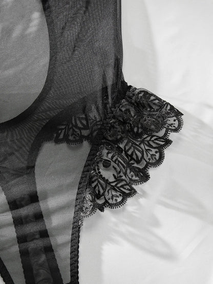 New Erotic Pyjamas Ruffle Splicing Mesh Female Sexy See-Through Backless Body Suit Onlyfans luvshop24