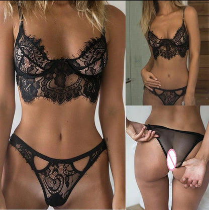 Lace Erotic Lingerie Set Women Underwear Hot Sexy Lingerie Set Halter Sleepwear Eyelashes Lace Porno Temptation Sexy Costume luvshop24