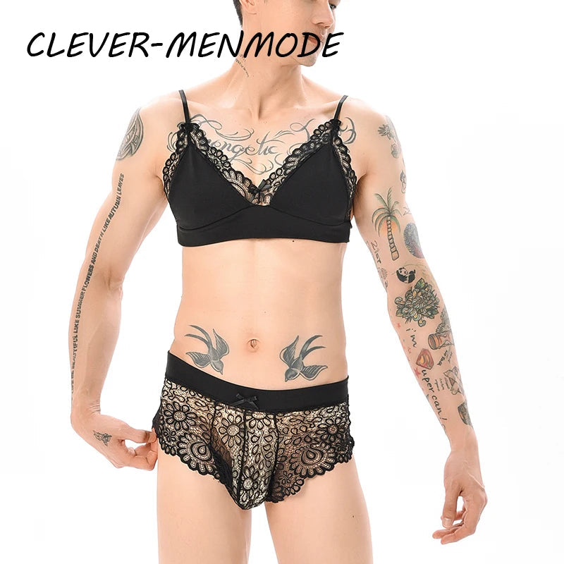 Men Sexy Crossdressing Erotic Sissy Lingerie See Through Mesh Lace Gay Underwear Male Bra Top Transparent Boxers Fetish Customs luvshop24