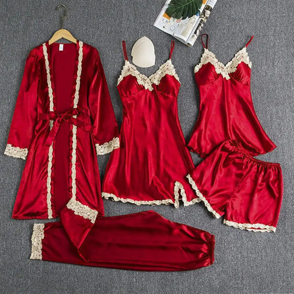 Women's Summer Sexy Pajama Pants Set 5 Pieces Nightgown Nightdress Top Shorts Pants Set Lace Satin Silk Sleepwear Robe Sleepwear luvshop24