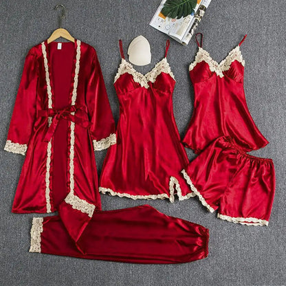 Women's Summer Sexy Pajama Pants Set 5 Pieces Nightgown Nightdress Top Shorts Pants Set Lace Satin Silk Sleepwear Robe Sleepwear luvshop24