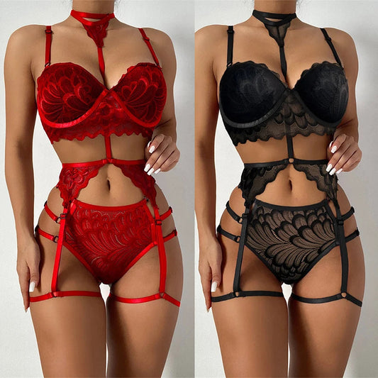 2022 Sexy Three Piece Suit Lace Shapewear Perspective Porn Suit Halterneck Embroidered Push Up Bra Garter Teddy Lingerie Hot Set luvshop24
