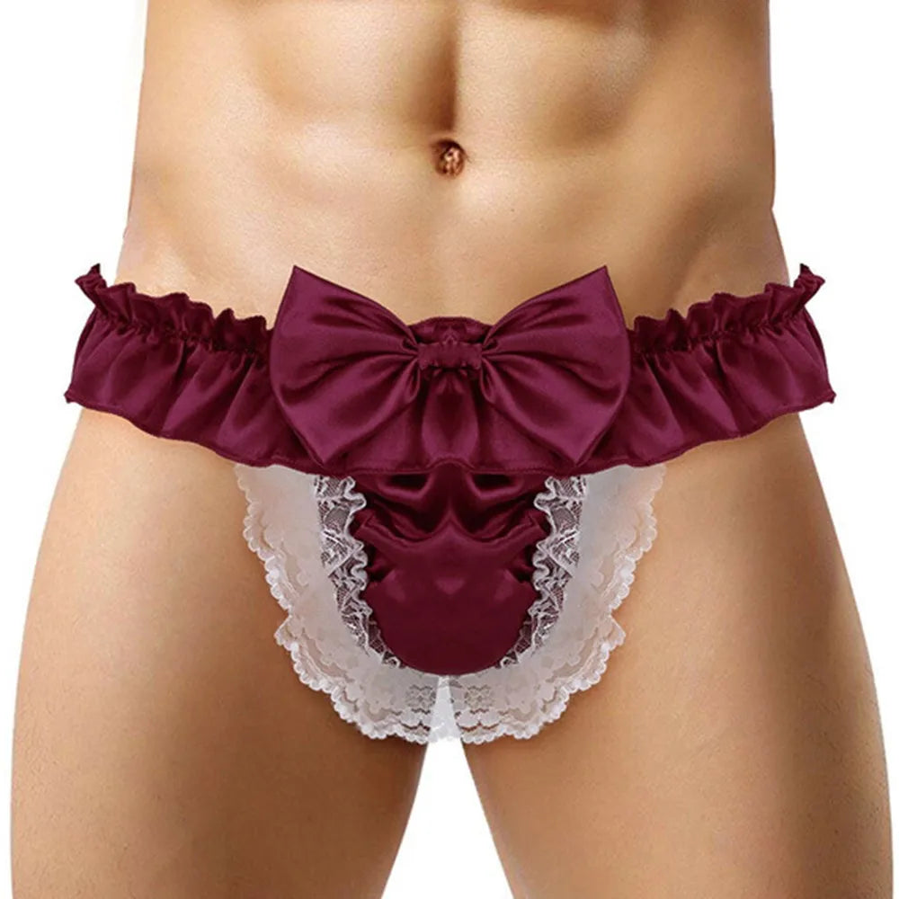 Men Sissy Bow-knot See-through Panties Satin Bikini G-String Thong Briefs Uniform Temptation Sexy Smooth Underwear Sleepwear luvshop24