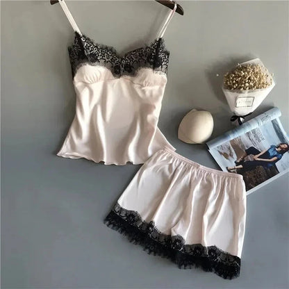 Women Pajama Suit Fashion V-Neck Stretch Satin Babydoll Lace Sexy Lingerie Bowknot Pyjamas Sleep Shorts Set Sleepwear New luvshop24