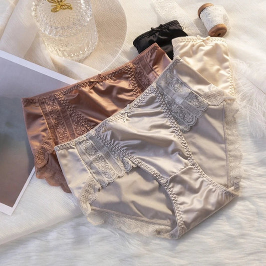 2Pcs Lingerie Underwear Lace Briefs Women Bow Mid Waist Stain Silk Panties Underpants Cotton Crotch Mesh Seamless Briefs Gifts luvshop24