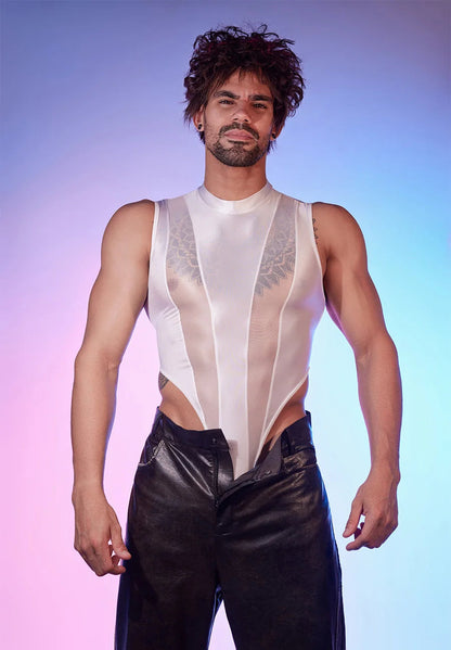 Hot Sexy Men's Bodysuits Mesh Patchwork Shiny Transparen Short Sleeve Male Rompers High Cut Leotard Gay Open Crotch Jumpsuits luvshop24