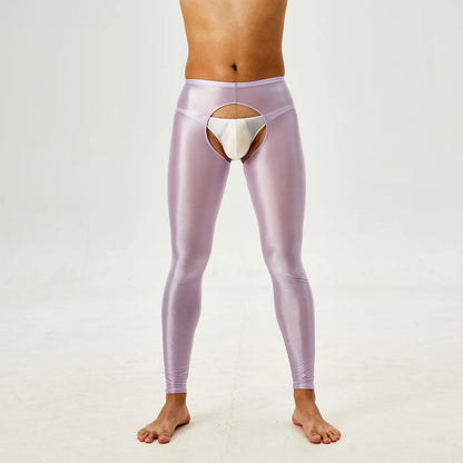 Glossy Crotchless Open Butt Leggings Mens Gays Erotic Nightwear Underpants High Waist Slim Fit Tights Underwear Baselayer Pants luvshop24