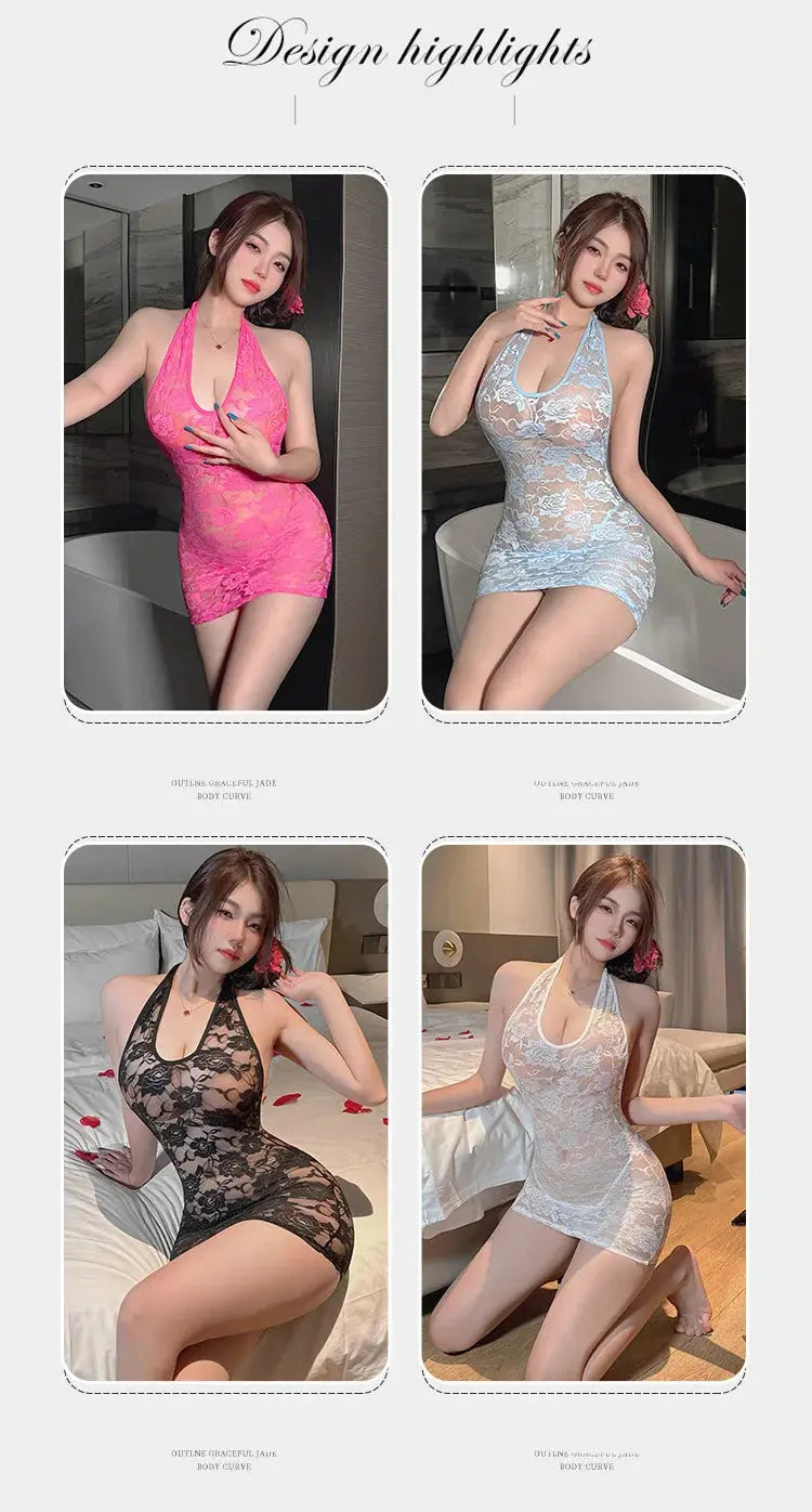 Lingerie dress Lace perspective seductive neck hanging revealing chest tight fitting hip hugging dress fetish latex sexy outfits luvshop24
