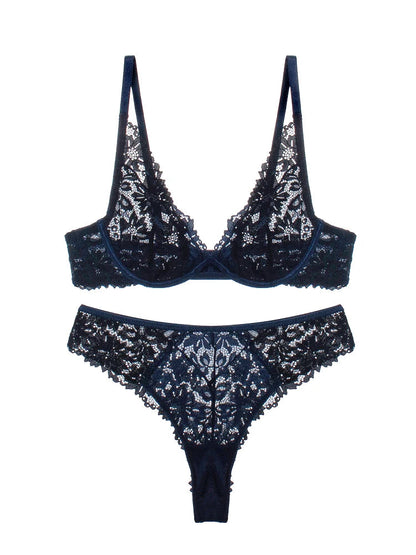 Lace Neck Lingerie Women's Feeling Without Steel Ring Bra Set  Female Deep v Thin Section Underwear Knot Wave Mesh Bras luvshop24