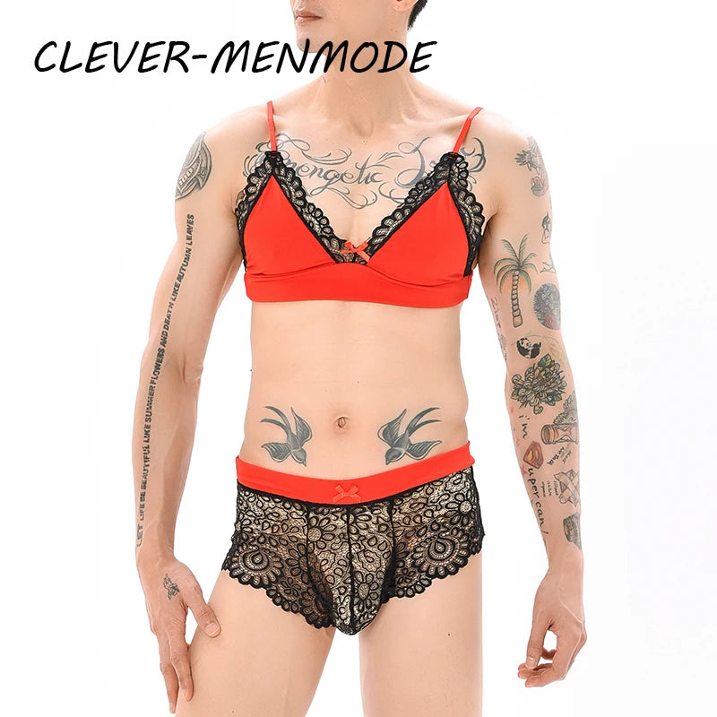 Men Sexy Crossdressing Erotic Sissy Lingerie See Through Mesh Lace Gay Underwear Male Bra Top Transparent Boxers Fetish Customs luvshop24