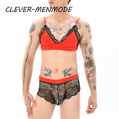 Men Sexy Crossdressing Erotic Sissy Lingerie See Through Mesh Lace Gay Underwear Male Bra Top Transparent Boxers Fetish Customs luvshop24
