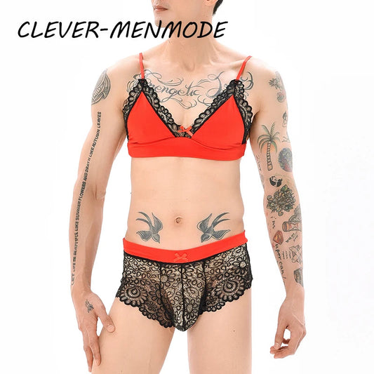 Men Sexy Crossdressing Erotic Sissy Lingerie See Through Mesh Lace Gay Underwear Male Bra Top Transparent Boxers Fetish Customs luvshop24