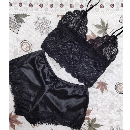 Lace Sleepwear Set for Women Sexy Transparent Sleeveless Tops Silk Shorts Pajamas Nightwear S-3XL Female Lingerie Sleep Wears luvshop24