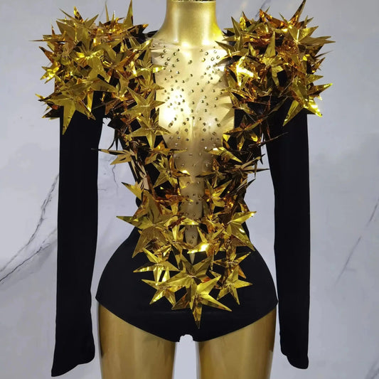 2025 New Shiny Black Rhinestone Velvet Long Sleeve Bodysuit Women Evening Party Club Gala Hosts NightClub Bar Stage Costumes luvshop24