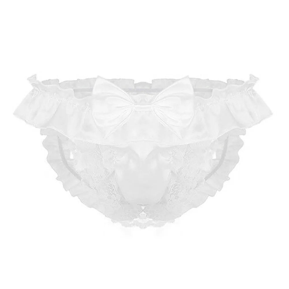 Men Sissy Bow-knot See-through Panties Satin Bikini G-String Thong Briefs Uniform Temptation Sexy Smooth Underwear Sleepwear luvshop24