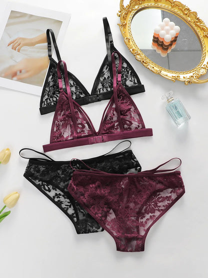 Women's Ultra-thin Lace Lingerie Two-piece Floral Lingerie Sexy Lingerie No Steel Hoop Push Up Bra A322 luvshop24