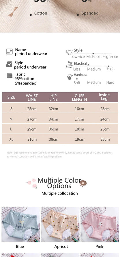 1pc Girls Period Underwear Mid-Rise Cartoon Cotton 3-Layer Leak-proof Incontinence Panties Absorbent Teen Menstrual Briefs S-XL luvshop24