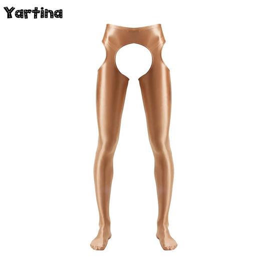 Gay Mens Glossy Mid Waist Tights Hot Cutout Leggings Crotch Open Sex Skinny Pants Lingerie Crotchless Pantyhose Leggings luvshop24