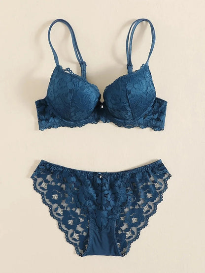 1 Set Elegant Erotic Lace Embroidery Breathable Fabric Lingeries : Push-Up Bra, Low Waist Sheer Panty - Ultimate Valentine's Day luvshop24