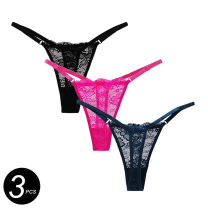 3PCS Adjustable Sexy Transparent Thong Panties Women Lace Underwear Low Waist Female T-back String Underpants luvshop24