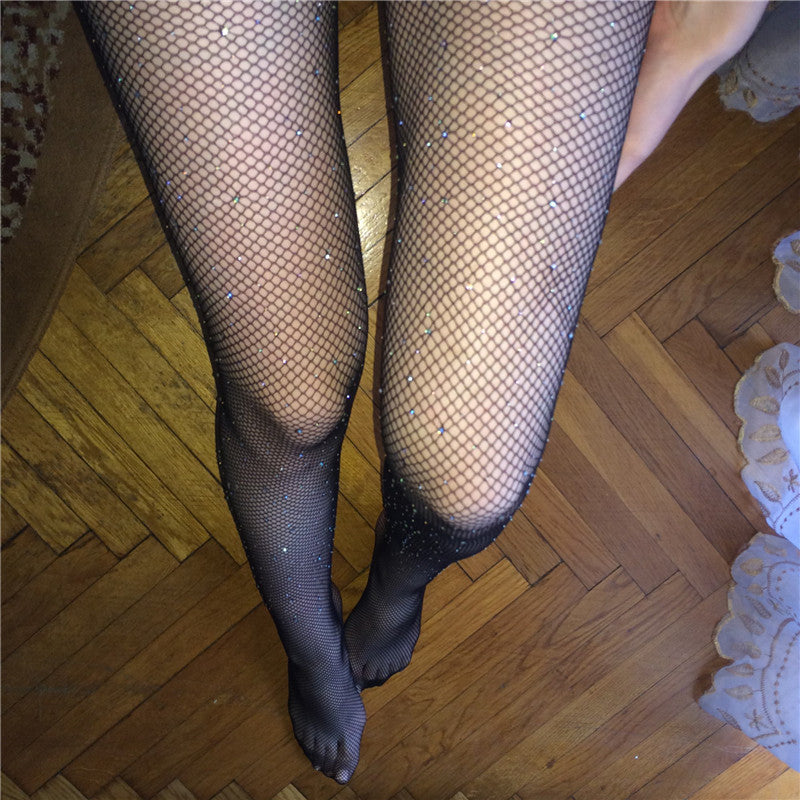 Women's Sexy Crystal Bling Stockings Rhinestone Fishnet Flash Mesh Ladies Skinny Sequins Pantyhose for Female Night Clubwear luvshop24