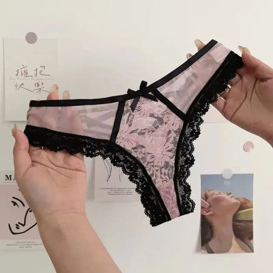 ﻿ Lace Bow Sexy Thong Transparent Women's Lingerie Low Waist Flower Embroidery Mesh Perspective Hollowed Panties Briefs luvshop24