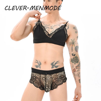 Men Sexy Crossdressing Erotic Sissy Lingerie See Through Mesh Lace Gay Underwear Male Bra Top Transparent Boxers Fetish Customs luvshop24