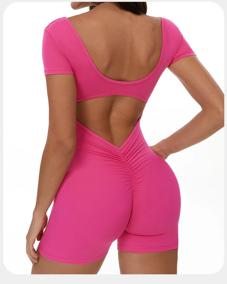 Womens Sports Bodysuit Short Sleeve Jumpsuits Stretch One Piece Set Romper Sexy Scrunch Butt Fitness Jumpsuit Female Sportwears luvshop24