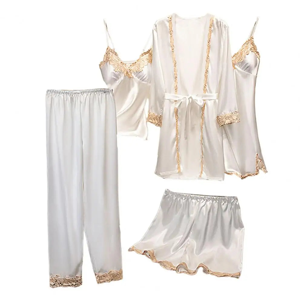 Women's Summer Sexy Pajama Pants Set 5 Pieces Nightgown Nightdress Top Shorts Pants Set Lace Satin Silk Sleepwear Robe Sleepwear luvshop24