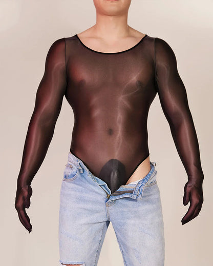Hot Sexy Oil Shiny Bodysuit for Men Body Stockings Sheer See Through Five Fingers Glove Leotard Male Erotic Lingerie Sex Clothes luvshop24
