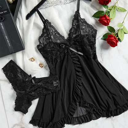 2 Pcs Set Sexy Lingerie Set Women Deep V Slip Dress Thong Erotic Bra Panty Sets Lace Nightdress Transparent Soft Nightgown luvshop24