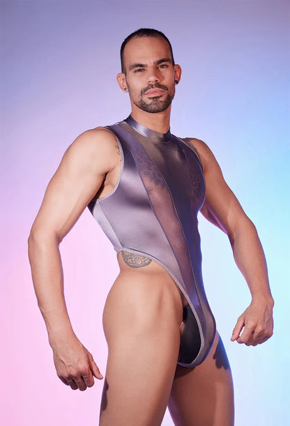 Hot Sexy Men's Bodysuits Mesh Patchwork Shiny Transparen Short Sleeve Male Rompers High Cut Leotard Gay Open Crotch Jumpsuits luvshop24