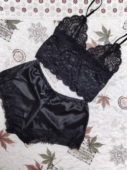 Lace Sleepwear Set for Women Sexy Transparent Sleeveless Tops Silk Shorts Pajamas Nightwear S-3XL Female Lingerie Sleep Wears luvshop24