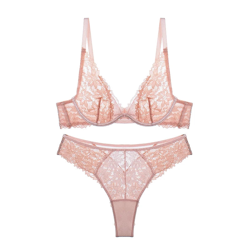 Lace Neck Lingerie Women's Feeling Without Steel Ring Bra Set  Female Deep v Thin Section Underwear Knot Wave Mesh Bras luvshop24